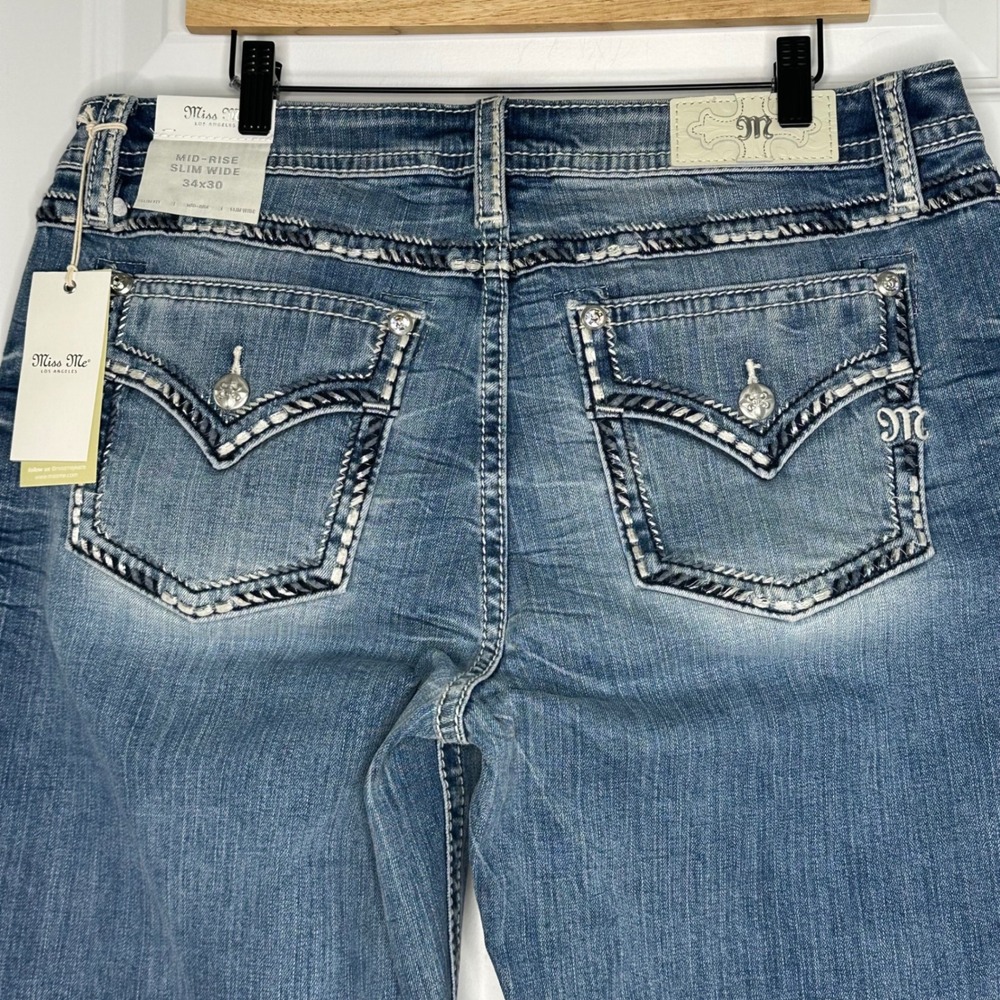 Miss Me Mid Rise Slim Wide Jeans W34 L30 Y2K Bling Thick‎ Stitch Bootcut NWT - Picture 6 of 16